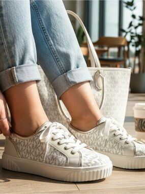 NWT Michael Michael Kors Summer Aline Low Top Sneakers Beige/Vanilla/Gold Sz 5